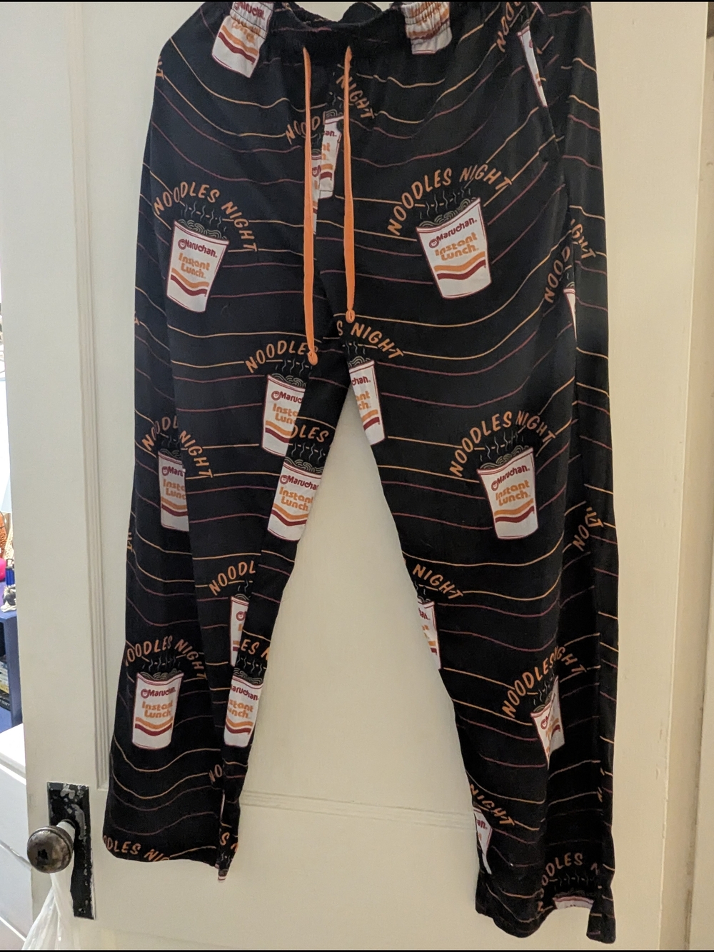 Black 'Noodles Night' Graphic Lounge Pants with Orange Drawstring
